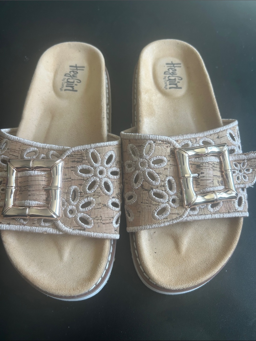 Corkys Gold Metallic Floral Buckle Slide Sandals